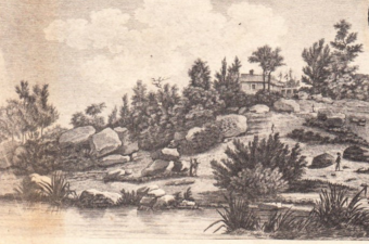 Carte postale ancienne du XVIIIe siècle : gravure du « Désert d’Ermenonville » et de la « cabane de JJ. ROUSSEAU ».